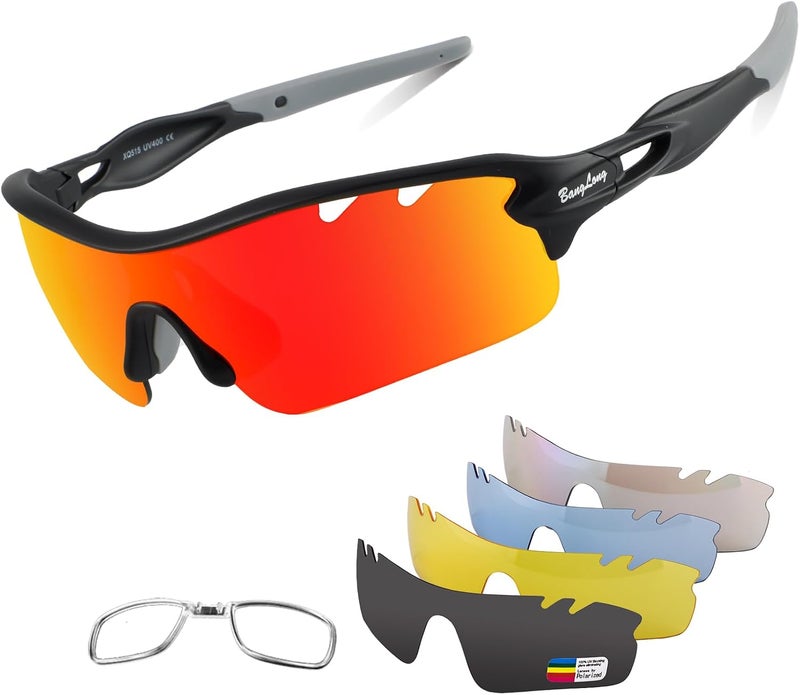 BangLong Polarized Sports Sunglasses Cycling Sun Glasses for Men Women with 5 Interchangeable Lenes for Running Baseball Golf - Image 1
